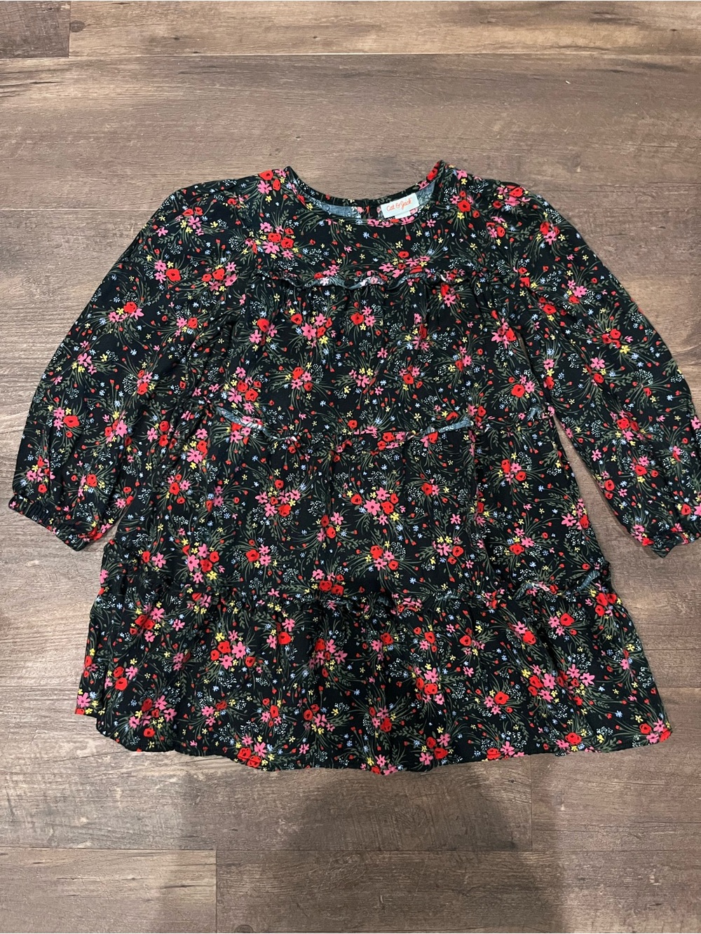 Cat & Jack Black Floral Dress with Pink and Red Flowers